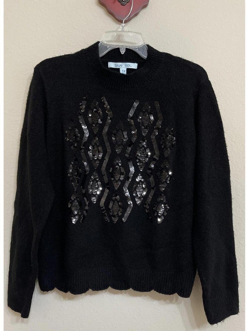 Blue Sol Womens 1x Black Wool-Blend Sequined Pullover Mock Neck Sweater! A2294